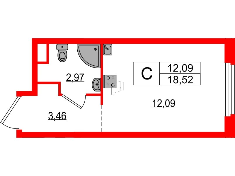 Апартаменты в ЖК «Зум на Неве», студия, 18.52 м², 11 этаж