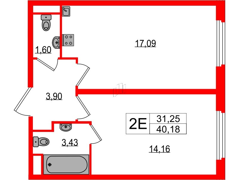 Апартаменты в ЖК ZOOM на Неве, 1 комнатные, 40.18 м², 16 этаж