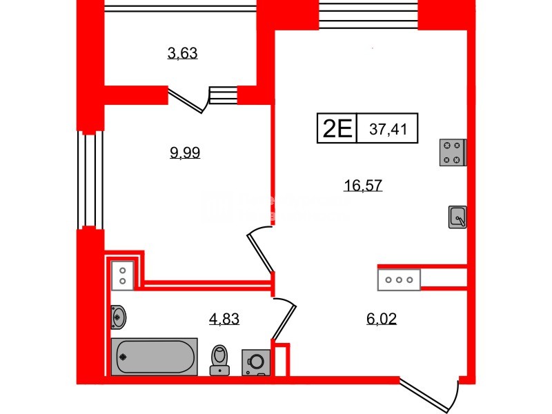 Квартира в ЖК «Ультра Сити 3.0», 1 комнатная, 37.41 м², 15 этаж
