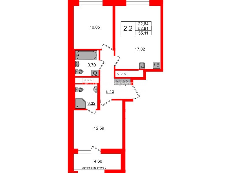Квартира в ЖК «Город звёзд», 2 комнатная, 52.81 м², 3 этаж