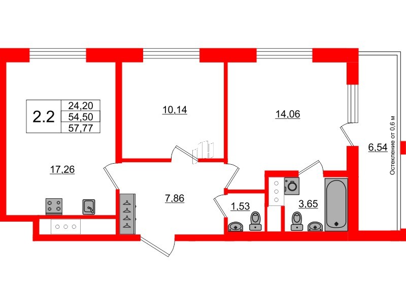 Квартира в ЖК «Город звёзд», 2 комнатная, 54.5 м², 20 этаж