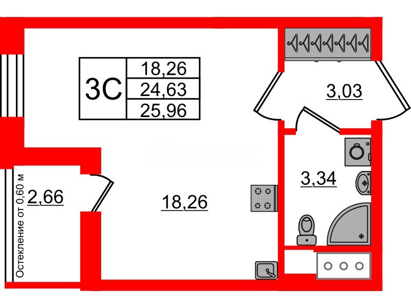 Квартира в ЖК «Город звёзд», студия, 24.63 м², 15 этаж