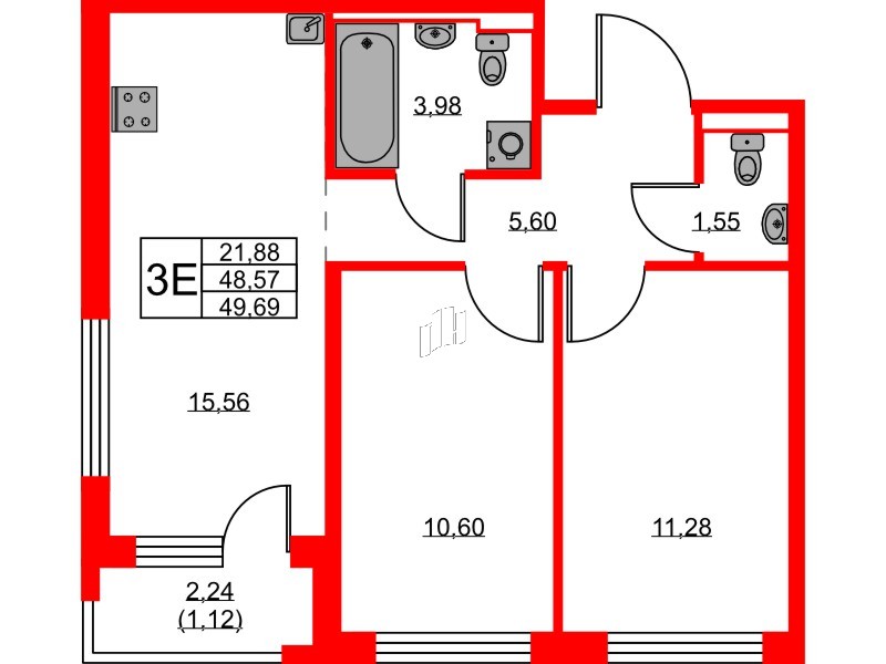 Квартира в ЖК GloraX Новоселье, 2 комнатная, 49.69 м², 6 этаж
