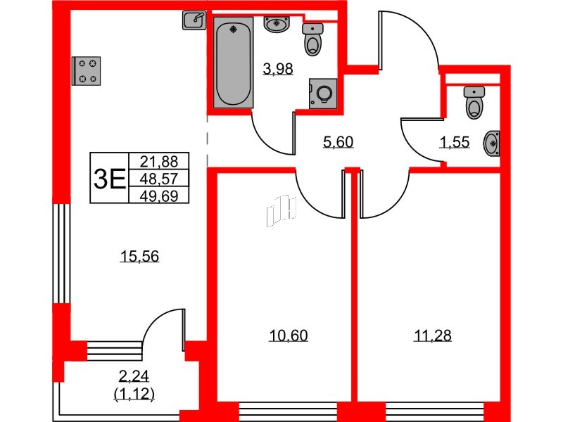 Квартира в ЖК GloraX Новоселье, 2 комнатная, 49.69 м², 8 этаж