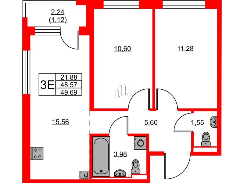 Квартира в ЖК GloraX Новоселье, 2 комнатная, 49.69 м², 6 этаж