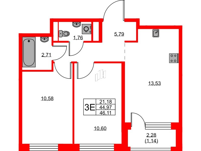 Квартира в ЖК GloraX Новоселье, 2 комнатная, 46.11 м², 8 этаж