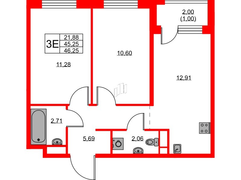 Квартира в ЖК GloraX Новоселье, 2 комнатная, 46.25 м², 8 этаж