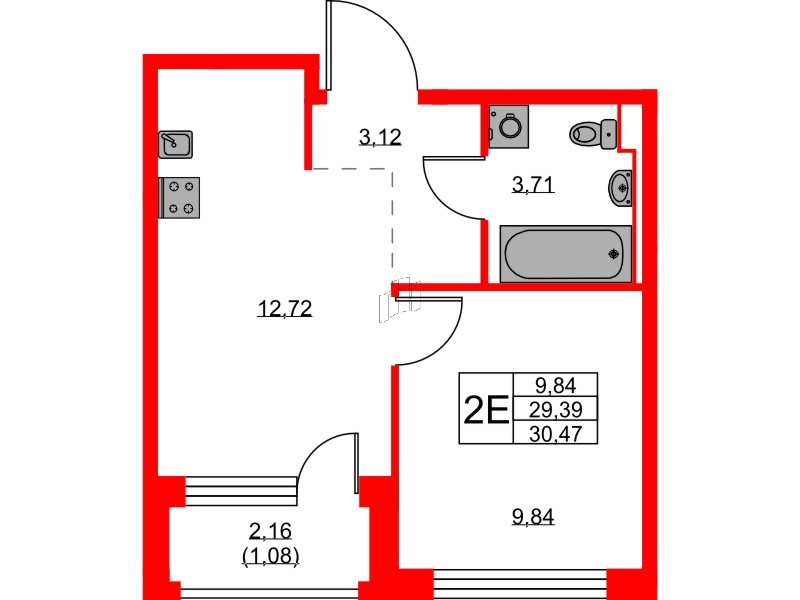 Квартира в ЖК GloraX Новоселье, 1 комнатная, 30.47 м², 8 этаж