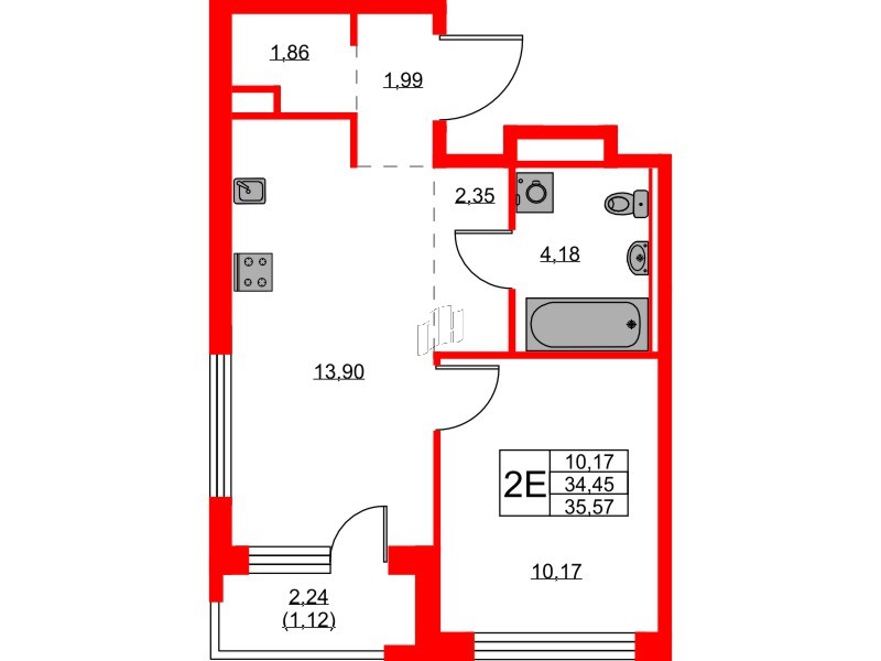Квартира в ЖК GloraX Новоселье, 1 комнатная, 35.57 м², 6 этаж