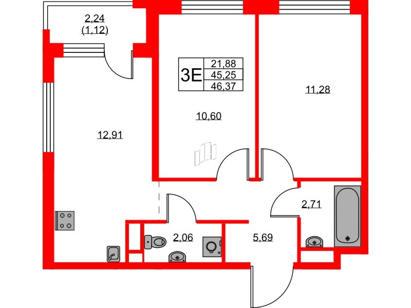 Квартира в ЖК GloraX Новоселье, 2 комнатная, 46.37 м², 2 этаж