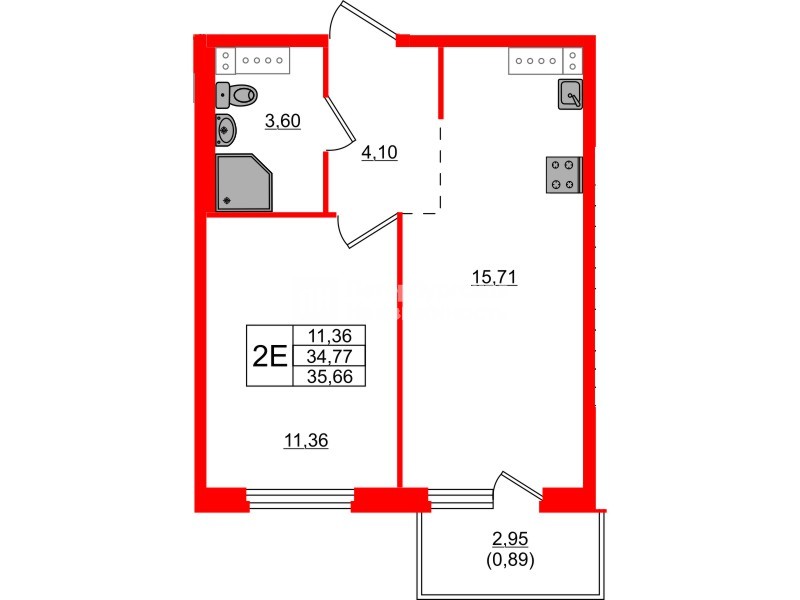 Квартира в ЖК «Дубровка. Park», 1 комнатная, 35.66 м², 4 этаж