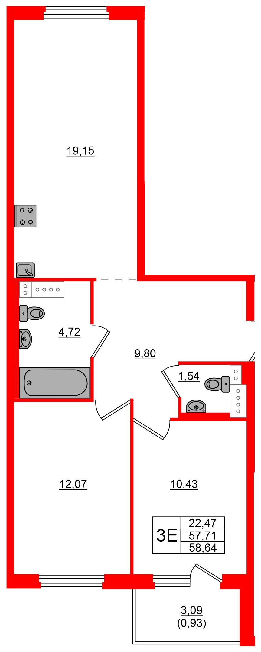 Квартира в ЖК «Дубровка. Park», 2 комнатная, 58.64 м², 4 этаж