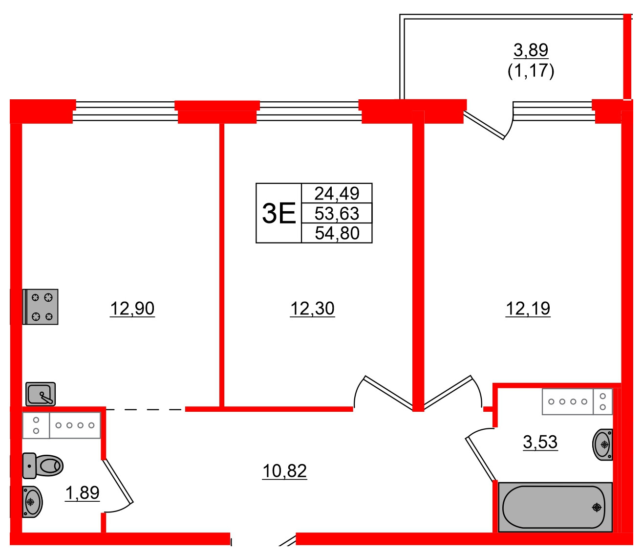 Квартира в ЖК «Дубровка. Park», 2 комнатная, 54.8 м², 3 этаж