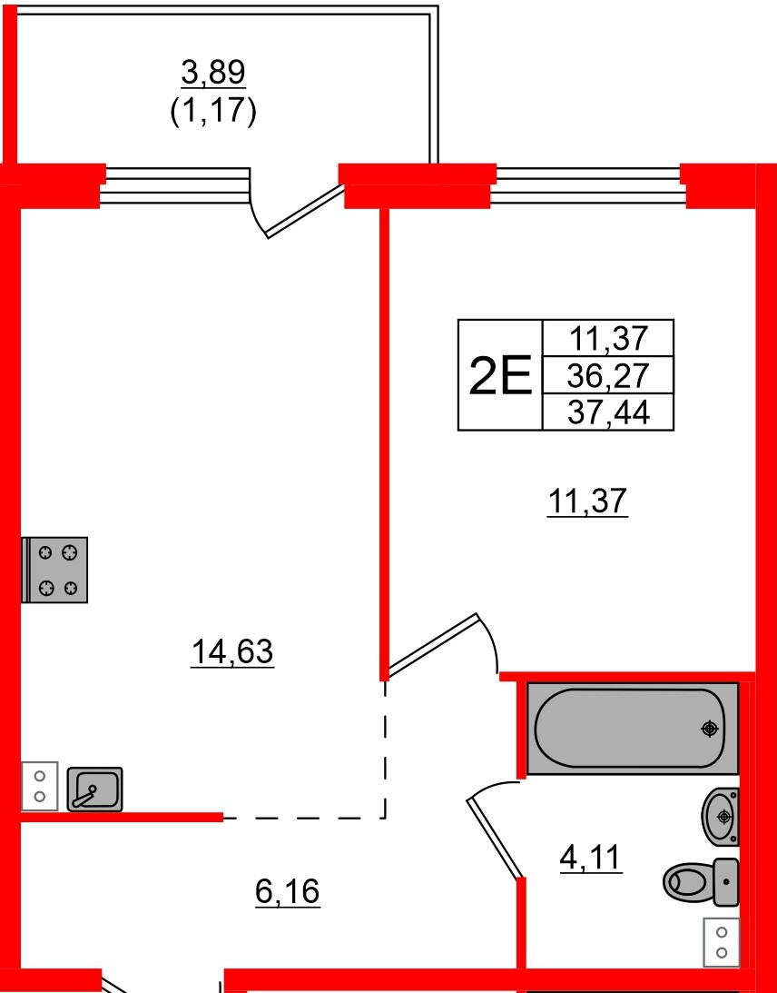 Квартира в ЖК «Дубровка. Park», 1 комнатная, 37.44 м², 2 этаж