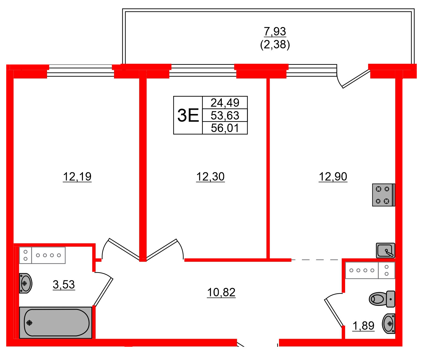 Квартира в ЖК «Дубровка. Park», 2 комнатная, 56.01 м², 3 этаж
