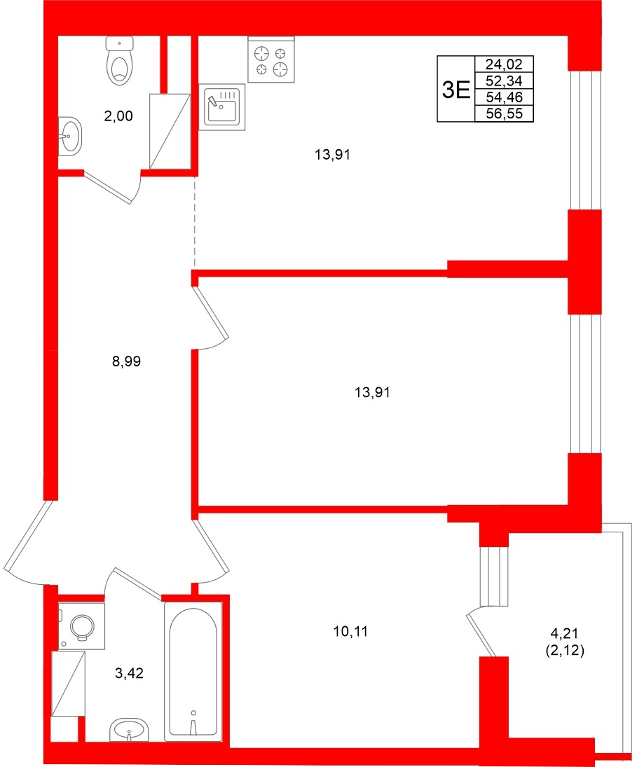Квартира в ЖК «Аквилон Верба», 2 комнатная, 54.46 м², 12 этаж