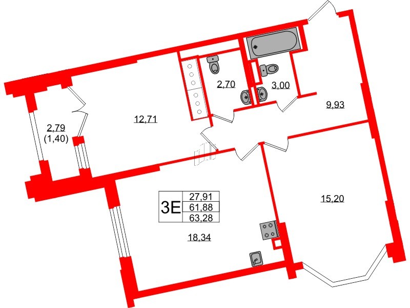Квартира в ЖК Цивилизация на Неве, 2 комнатная, 63.28 м², 8 этаж