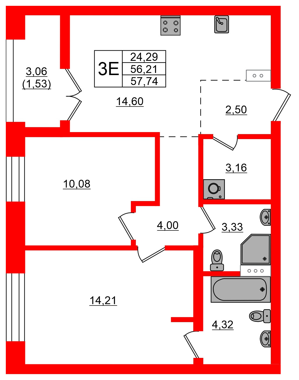 Квартира в ЖК NEWПИТЕР, 2 комнатная, 57.74 м², 7 этаж
