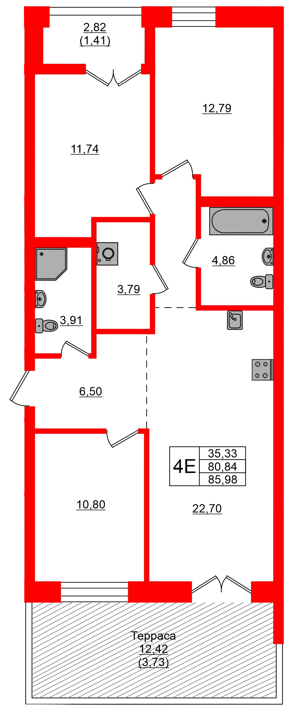 Квартира в ЖК NEWПИТЕР, 3 комнатная, 85.98 м², 2 этаж