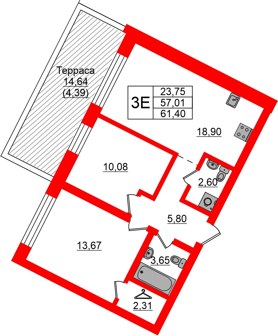 Квартира в ЖК «Новый Питер», 2 комнатная, 61.4 м², 2 этаж