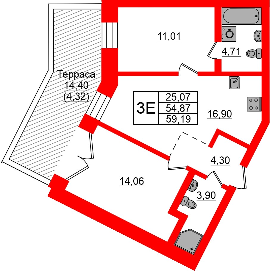 Квартира в ЖК «Новый Питер», 2 комнатная, 59.19 м², 2 этаж