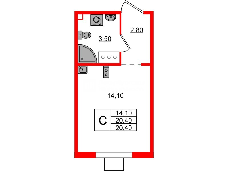 Квартира в ЖК 'Цветной город', студия, 20.4 м², 18 этаж