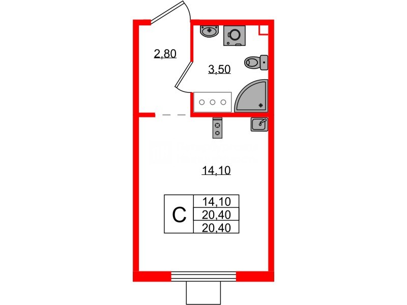 Квартира в ЖК 'Цветной город', студия, 20.4 м², 9 этаж