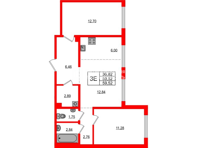 Квартира в ЖК «ЛесАрт», 2 комнатная, 59.52 м², 1 этаж
