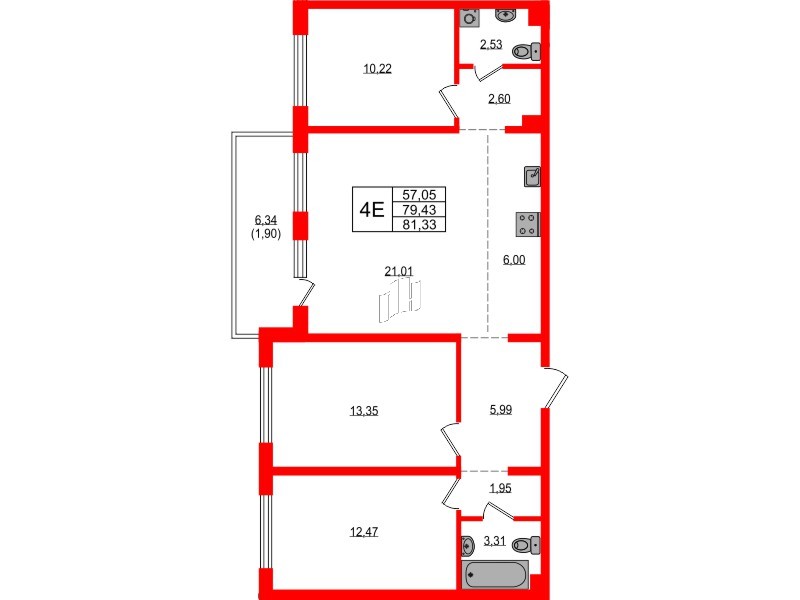 Квартира в ЖК «ЛесART», 3 комнатная, 81.33 м², 8 этаж