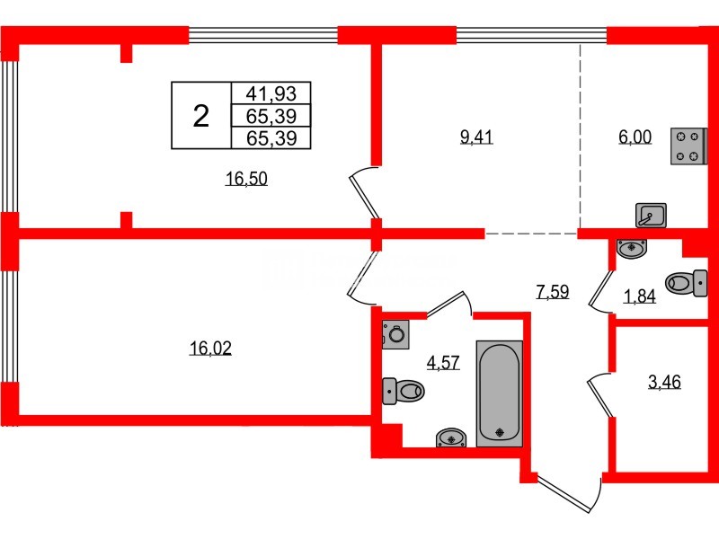 Квартира в ЖК «ЛесАрт», 2 комнатная, 65.39 м², 1 этаж