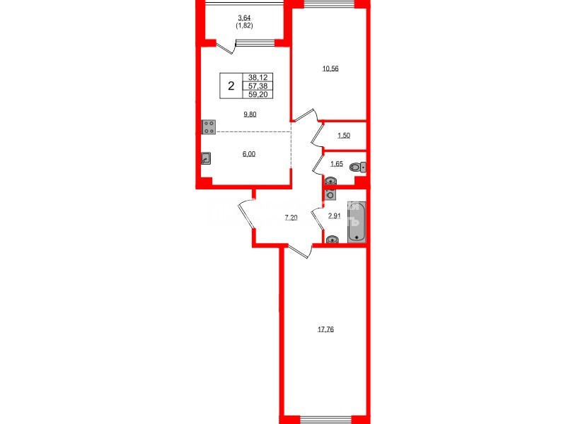 Квартира в ЖК «ЛесАрт», 2 комнатная, 59.2 м², 10 этаж