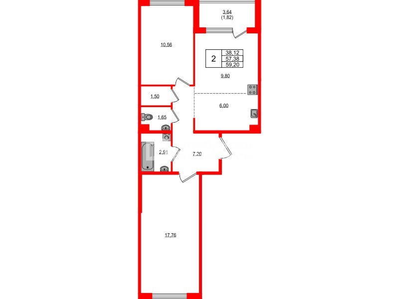 Квартира в ЖК «ЛесАрт», 2 комнатная, 59.2 м², 6 этаж