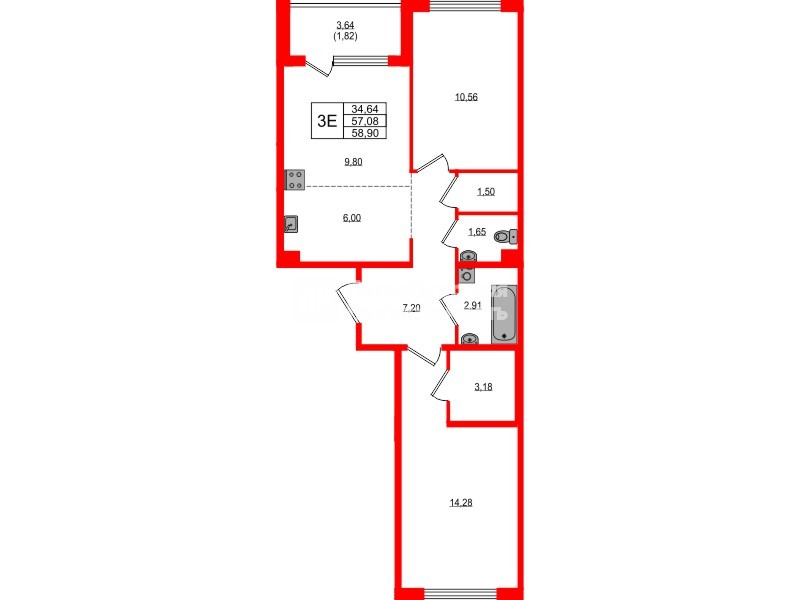 Квартира в ЖК «ЛесАрт», 2 комнатная, 58.9 м², 9 этаж