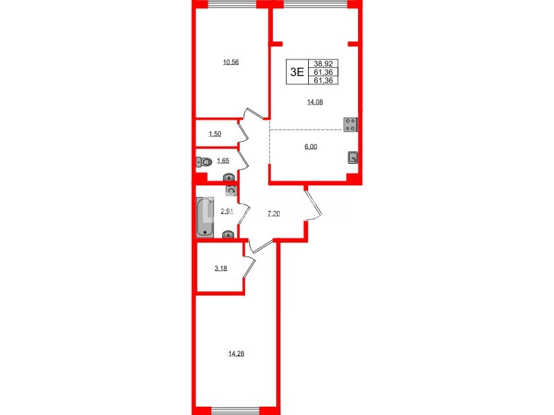 Квартира в ЖК «ЛесАрт», 2 комнатная, 61.36 м², 1 этаж
