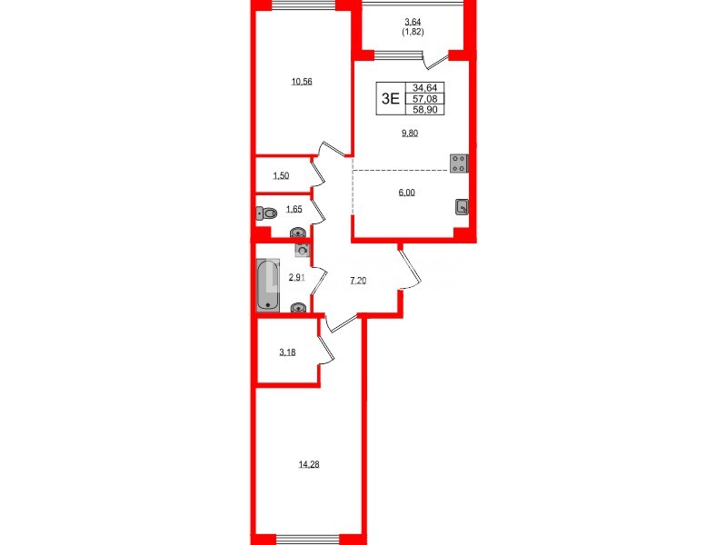 Квартира в ЖК «ЛесАрт», 2 комнатная, 58.9 м², 3 этаж