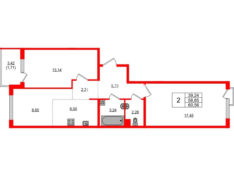 Квартира в ЖК «ЛесАрт», 2 комнатная, 60.56 м², 10 этаж