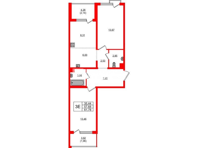 Квартира в ЖК «ЛесАрт», 2 комнатная, 61.78 м², 10 этаж