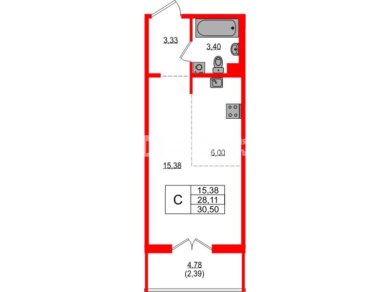 Квартира в ЖК «ЛесАрт», студия, 30.5 м², 4 этаж