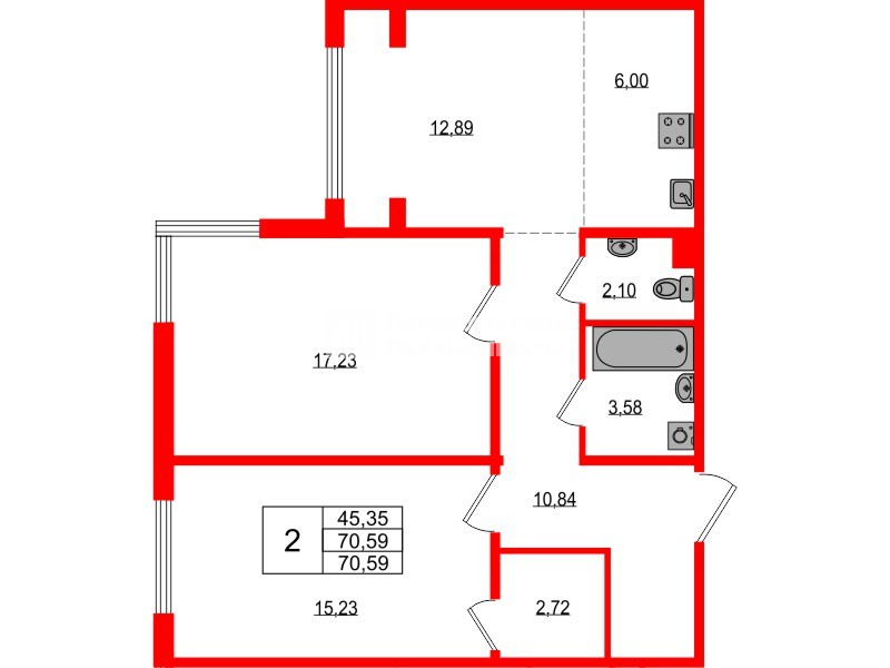 Квартира в ЖК «ЛесАрт», 2 комнатная, 70.59 м², 1 этаж