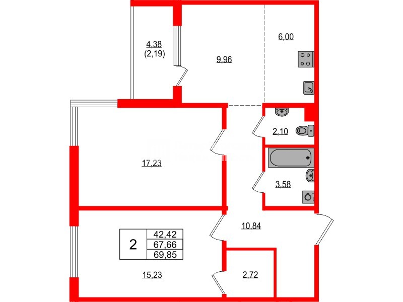 Квартира в ЖК «ЛесАрт», 2 комнатная, 69.85 м², 4 этаж
