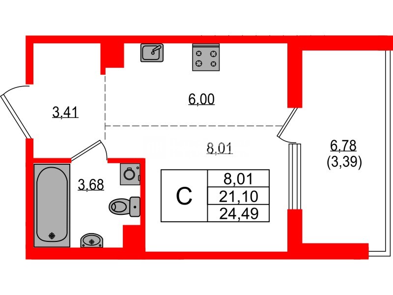 Квартира в ЖК «ЛесАрт», студия, 24.49 м², 6 этаж