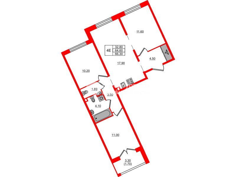 Квартира в ЖК «Пулково Лейк», 3 комнатная, 66.3 м², 3 этаж