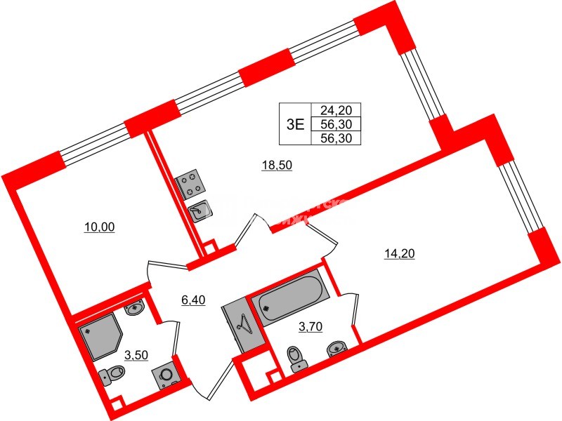 Квартира в ЖК «Пулково Lake», 2 комнатная, 56.3 м², 2 этаж