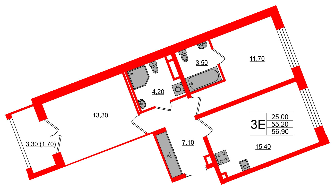 Квартира в ЖК «Пулково Lake», 2 комнатная, 56.9 м², 3 этаж