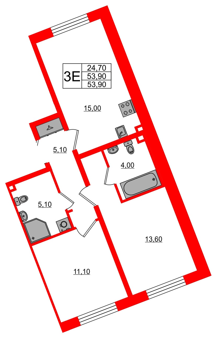 Квартира в ЖК «Пулково Lake», 2 комнатная, 53.9 м², 1 этаж