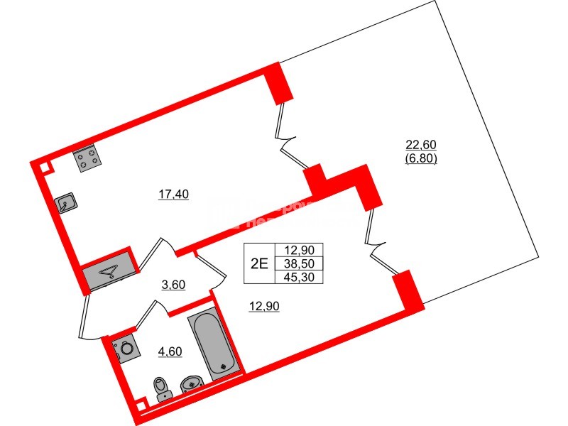 Квартира в ЖК «Пулково Lake», 1 комнатная, 45.3 м², 1 этаж