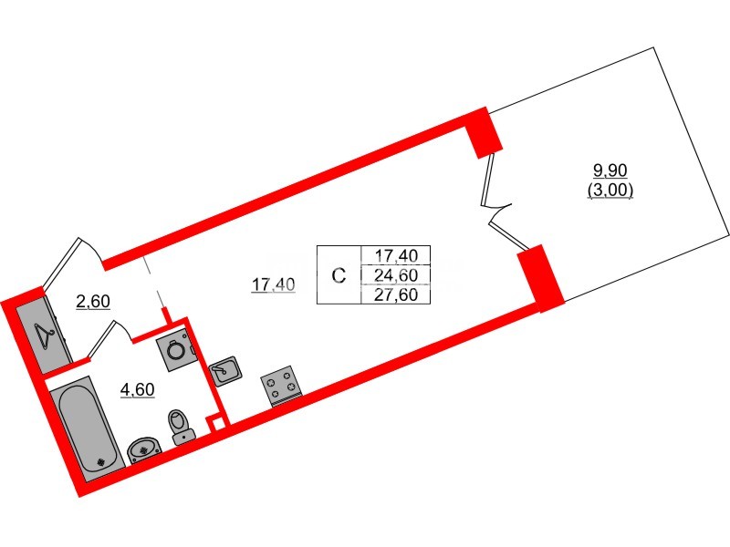 Квартира в ЖК «Пулково Lake», студия, 27.6 м², 1 этаж