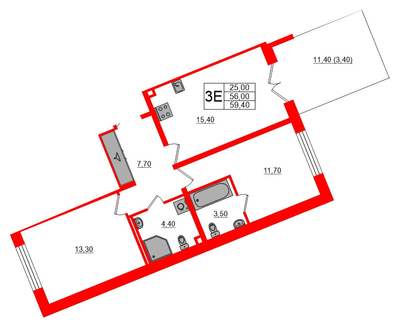 Квартира в ЖК «Пулково Lake», 2 комнатная, 59.4 м², 1 этаж