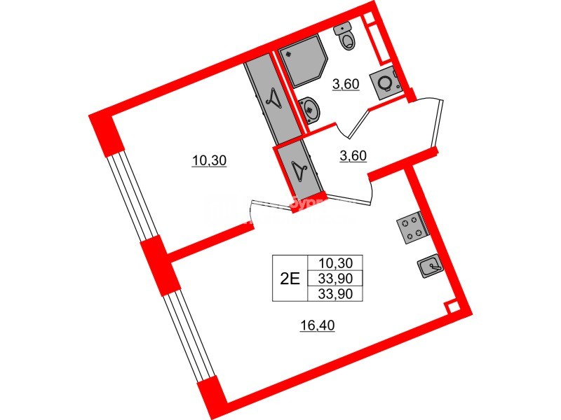 Квартира в ЖК «Пулково Лейк», 1 комнатная, 33.9 м², 4 этаж