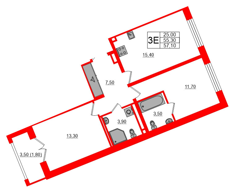 Квартира в ЖК «Пулково Lake», 2 комнатная, 57.1 м², 4 этаж